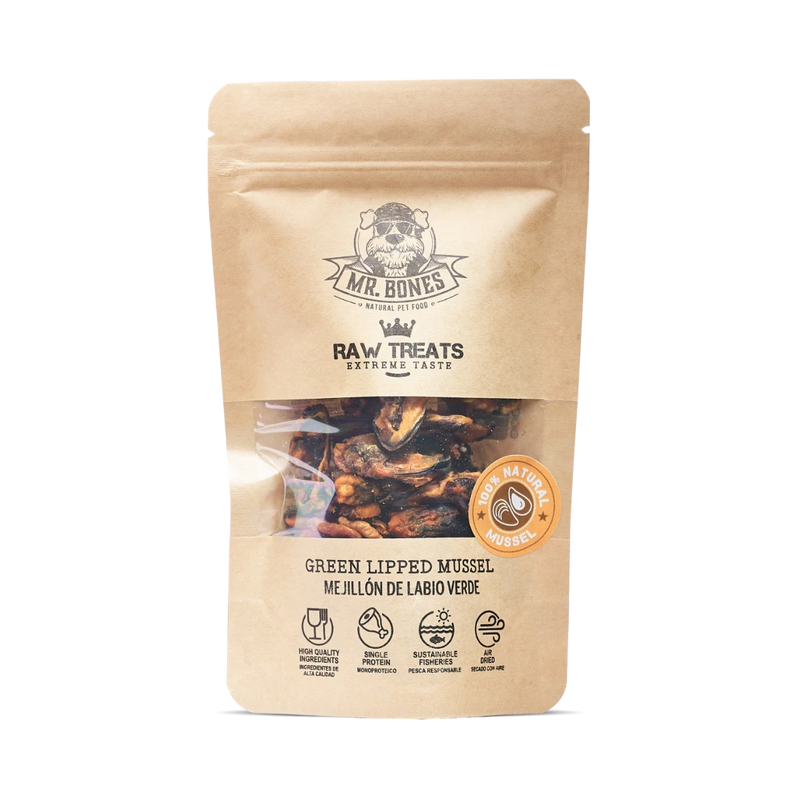 MR.BONES Raw Treats Mejillón de labio verde – Snack natural para perro y gato