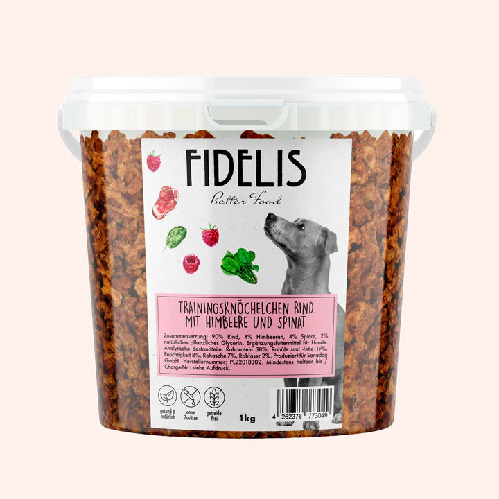 FIDELIS Huesos de entrenamiento de ternera con frambuesas y espinacas (cubo de 1 kg)