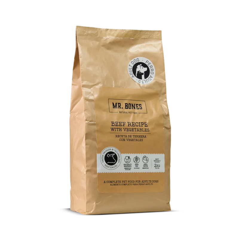 MR.BONES Pienso para perro sin cereales – Receta de Ternera con Vegetales 2KG