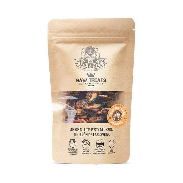 MR.BONES Raw Treats Mejillón de labio verde – Snack natural para perro y gato