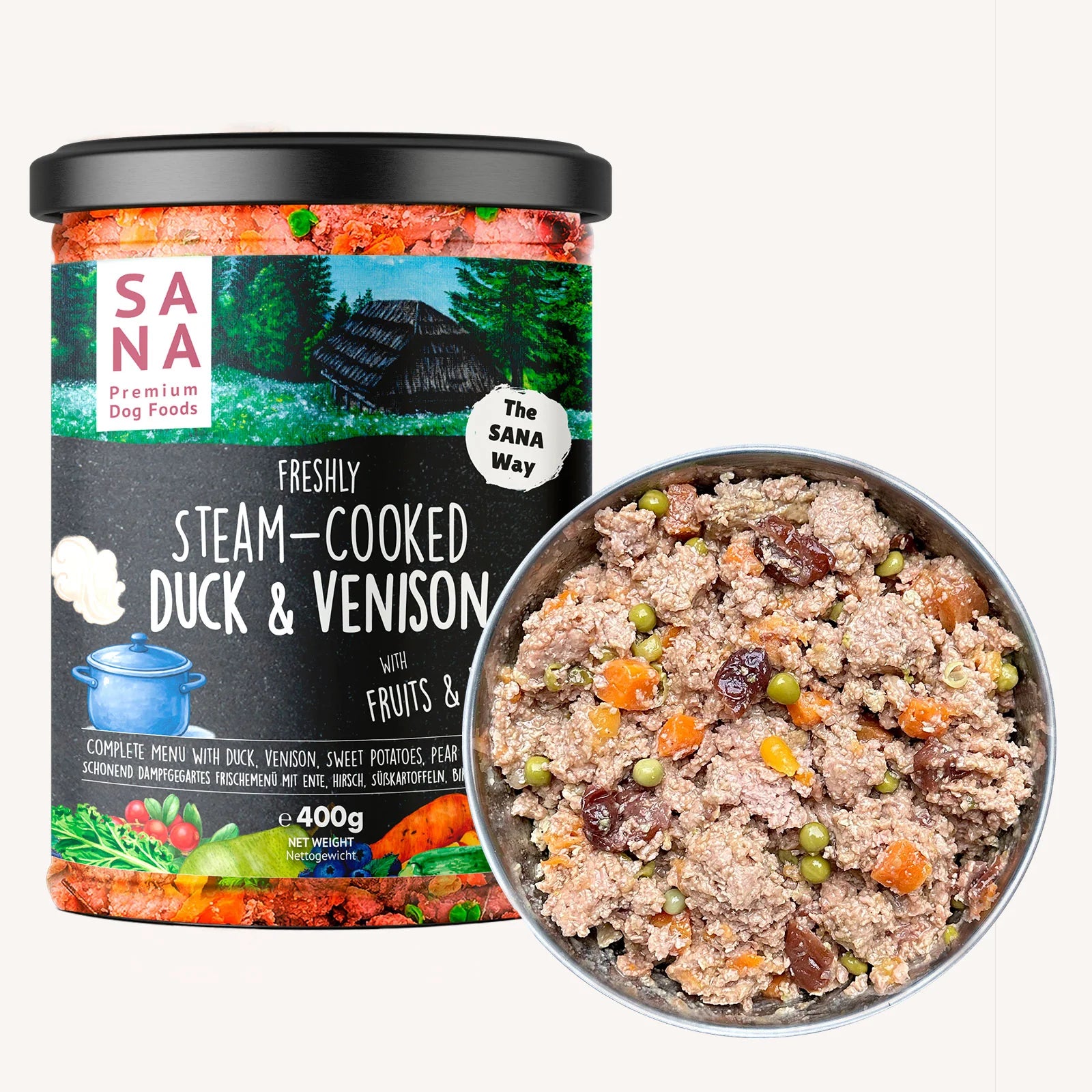Cocinada en tarro Sana Pato y Venado, 400 gr