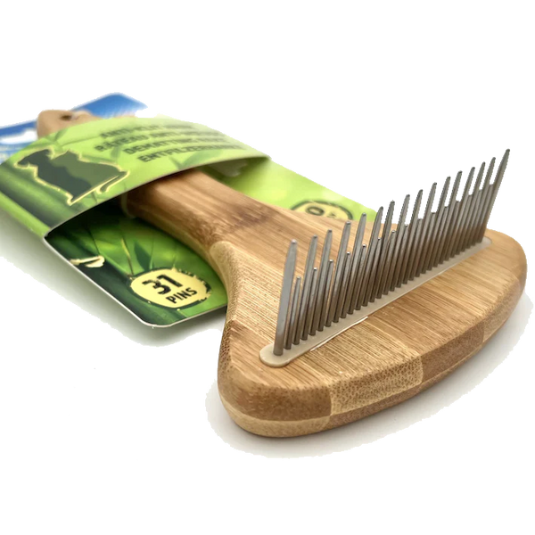 DUVO PLUS Cepillo ergonómico de bambú para desenredar con 31 púas para pelajes gruesos, largos, rizados y duros | Limpia y masajea | Perros y gatos