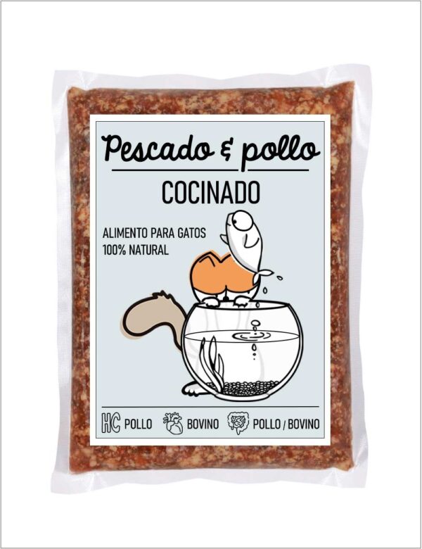 Gato, cocinado pescado y pollo